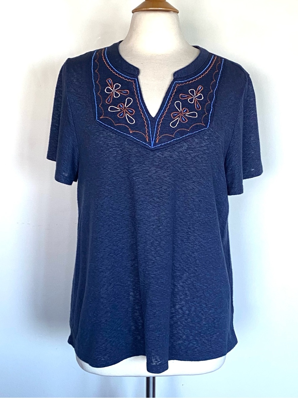 Bobeau Navy Short-Sleeve Embroidered Notch-Neck Tee Sz XL